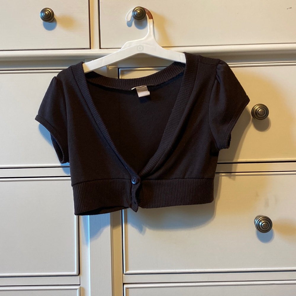 brown cropped short sleeve cardigan